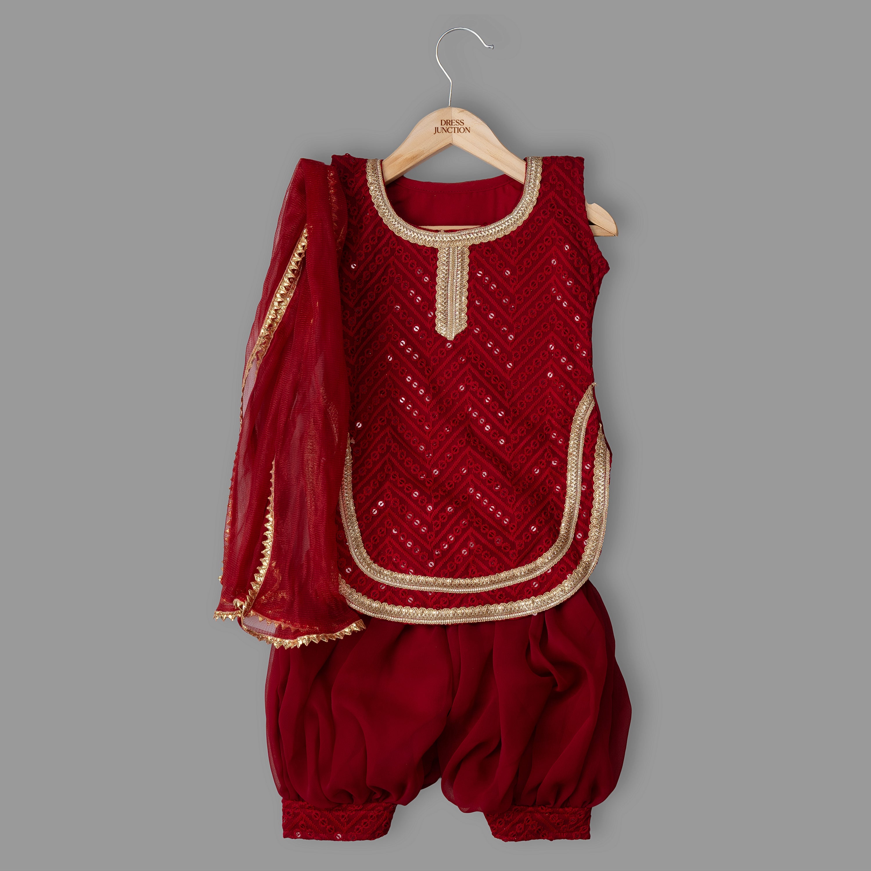 Girls Red Georgette Salwar Suit Set with Dupatta – Festive Partywear