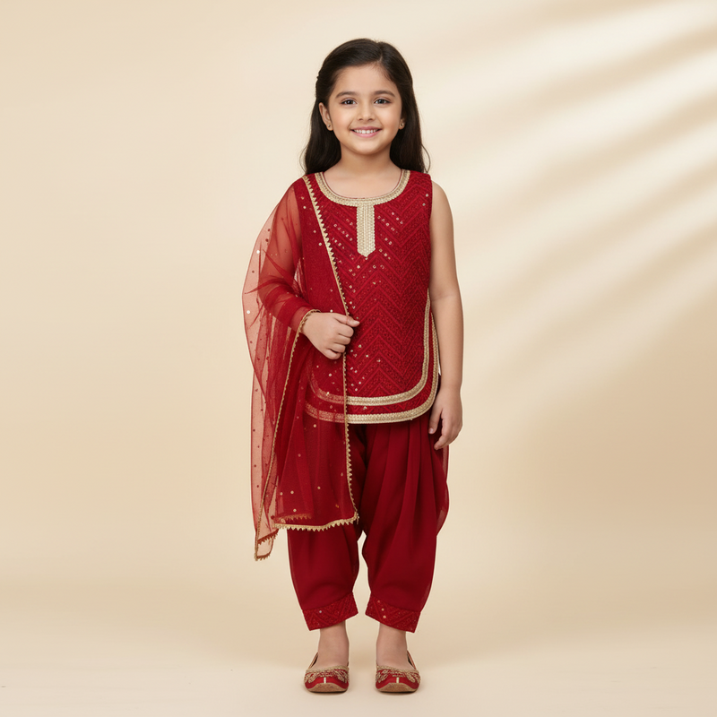 Girls Red Georgette Salwar Suit Set with Dupatta – Festive Partywear