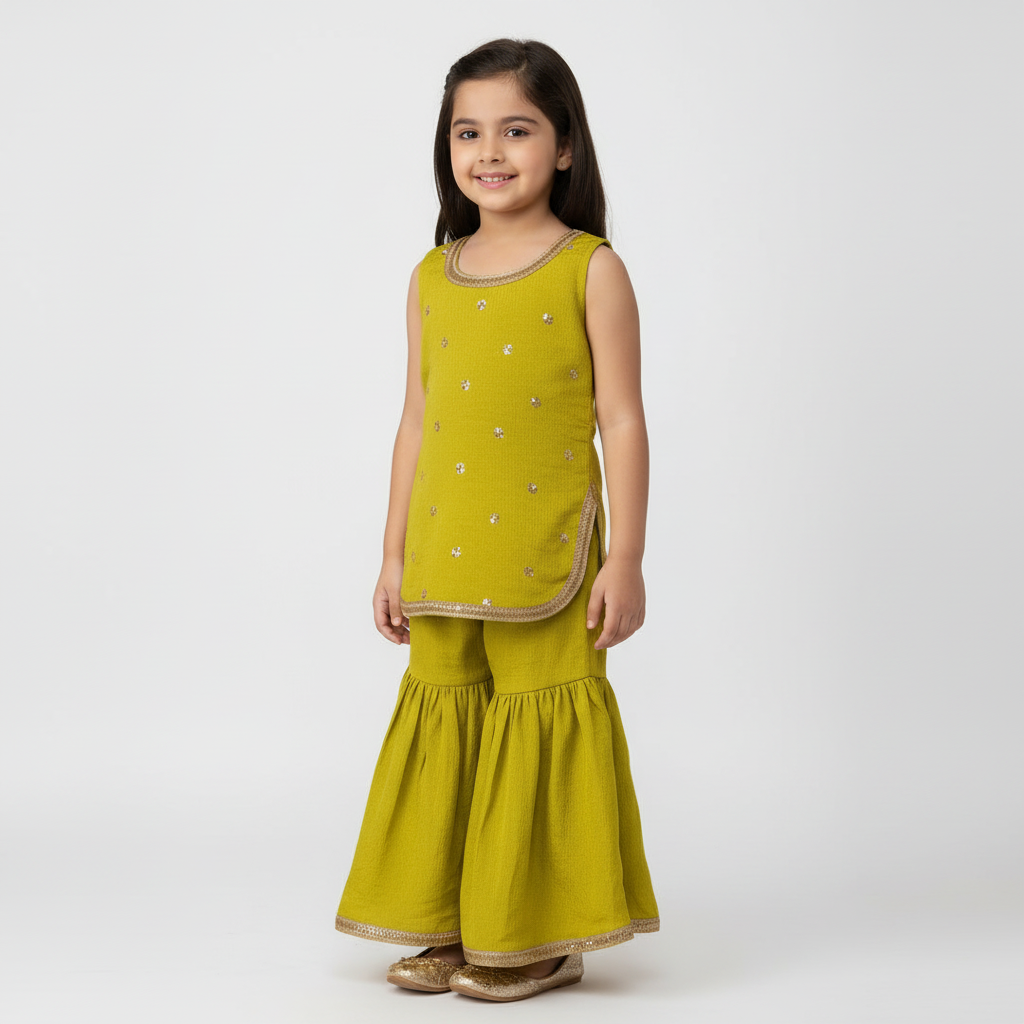 Girls Green Ruffled Polyester Kurti & Sharara Set