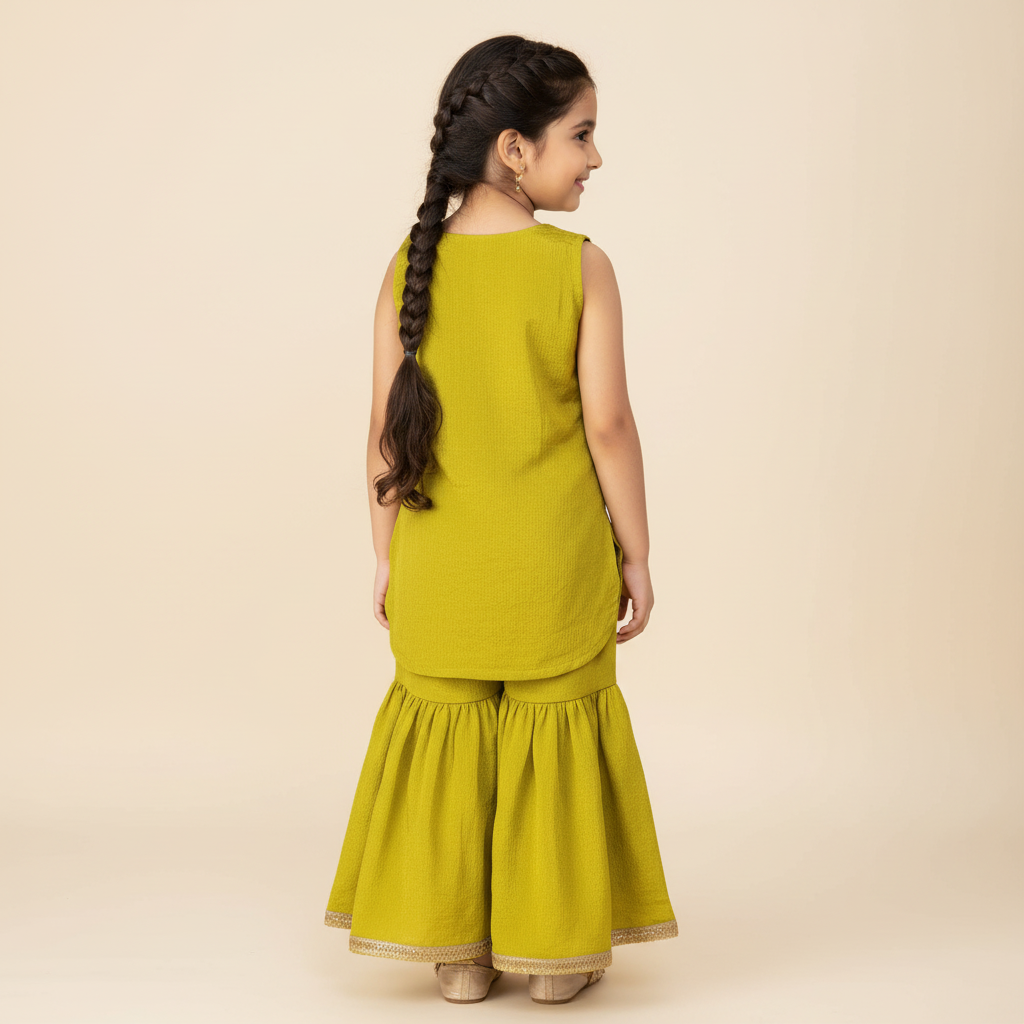 Girls Green Ruffled Polyester Kurti & Sharara Set