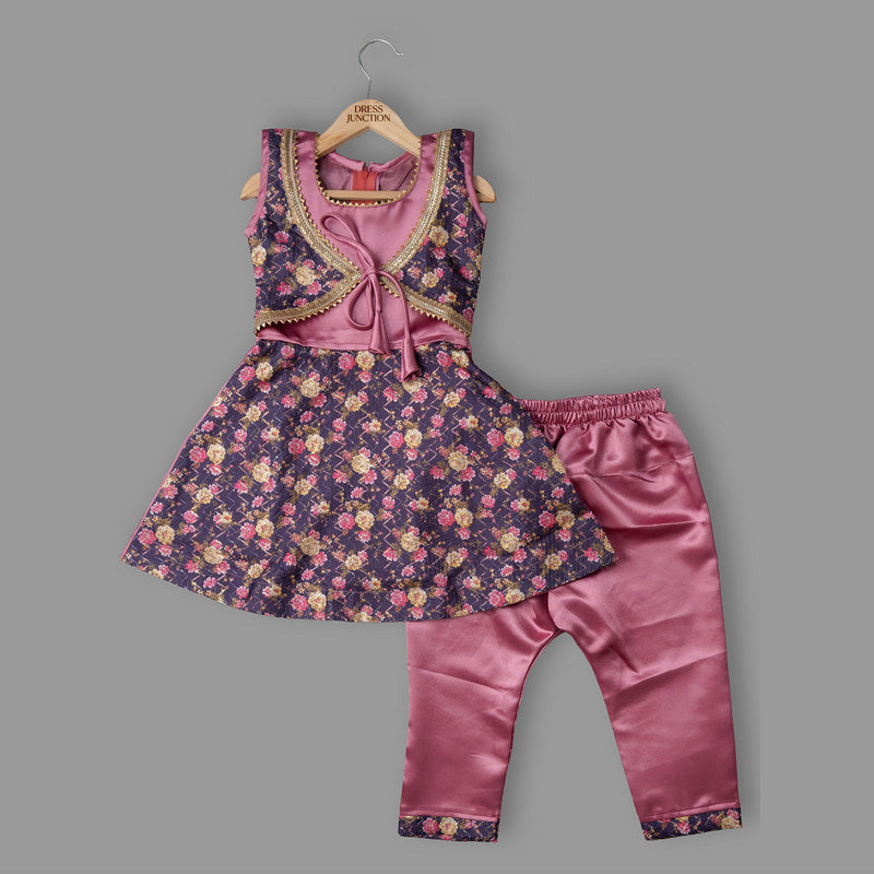 Girls Pink Satin & Art Silk Floral Jacket Style Top With Pant Set