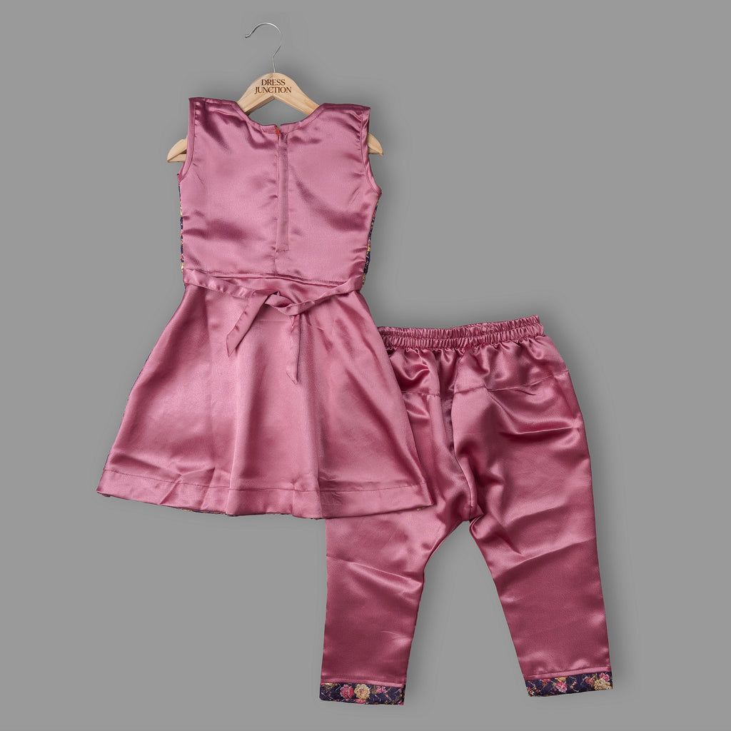 Girls Pink Satin & Art Silk Floral Jacket Style Top With Pant Set