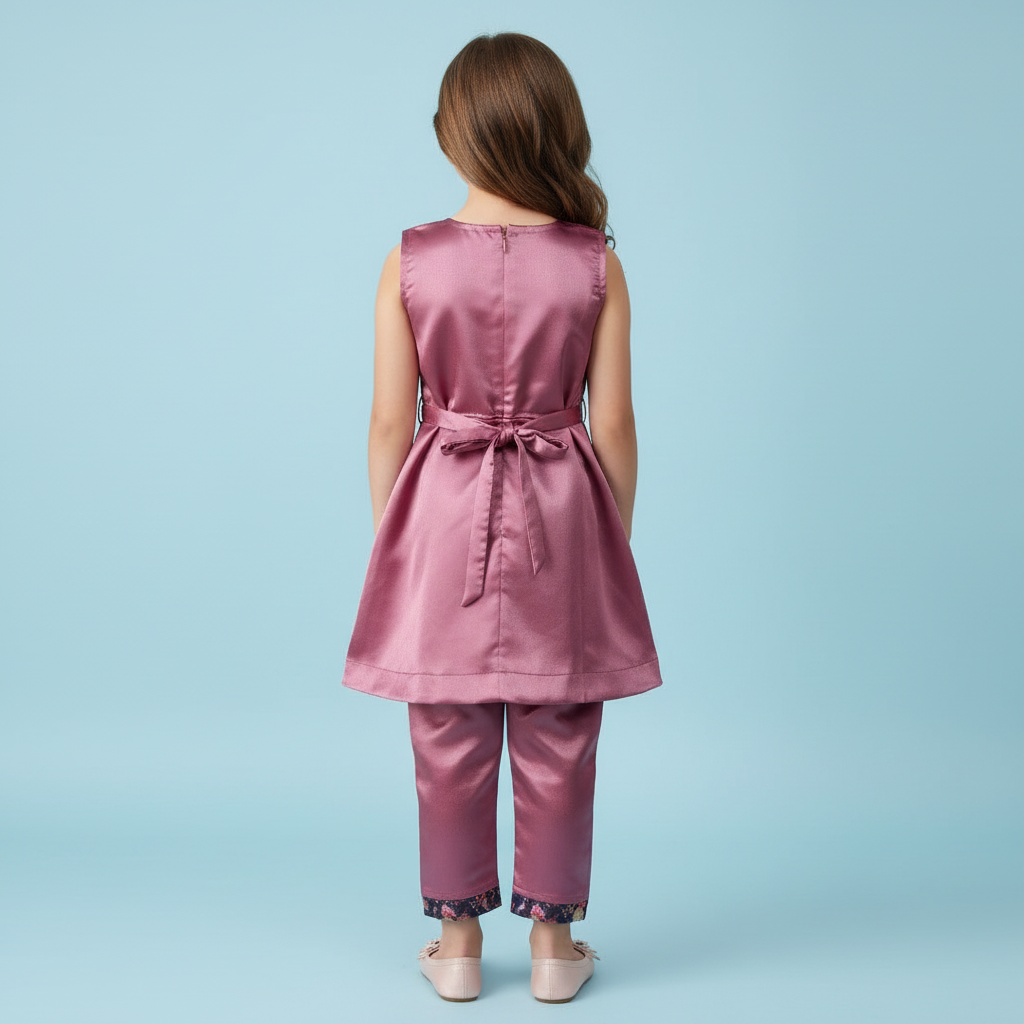 Girls Pink Satin & Art Silk Floral Jacket Style Top With Pant Set