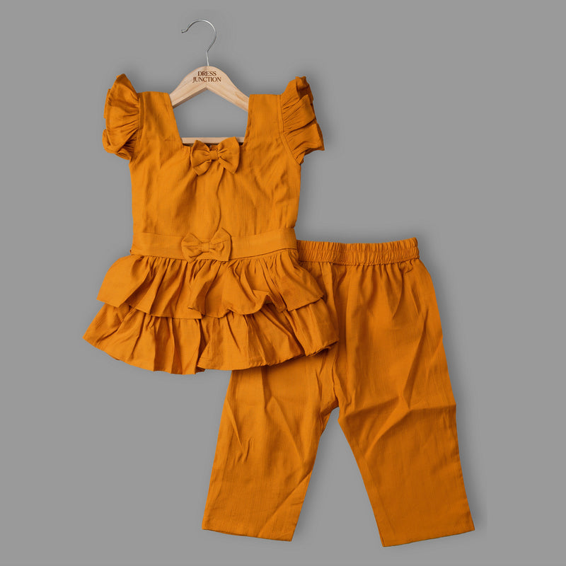 Girls Mustard Ruffle Peplum Top & Pant Set