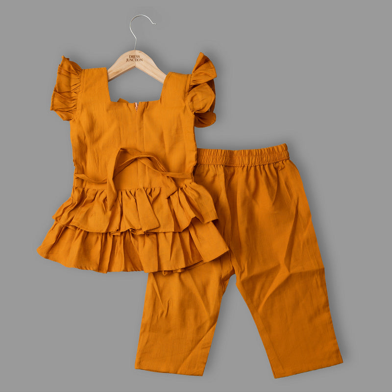 Girls Mustard Ruffle Peplum Top & Pant Set