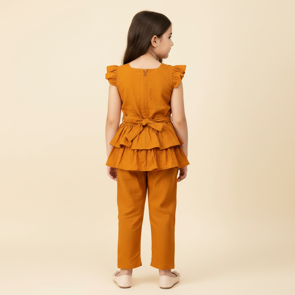 Girls Mustard Ruffle Peplum Top & Pant Set
