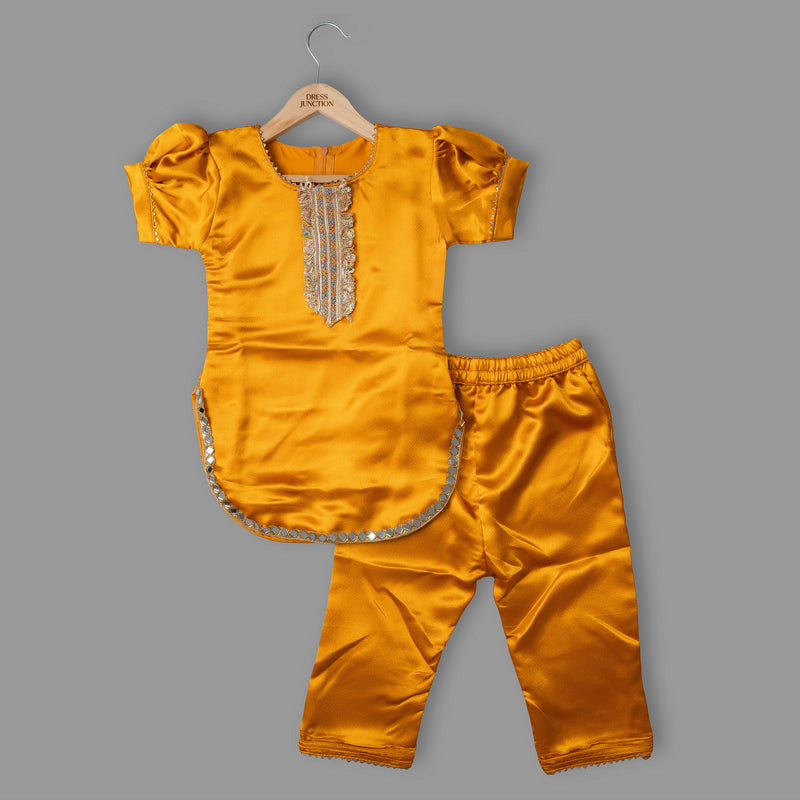 Girls Mustard Satin Kurta & Pant Ethnic Set