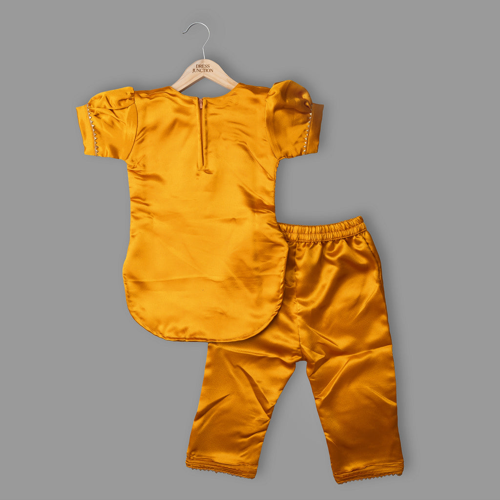 Girls Mustard Satin Kurta & Pant Ethnic Set