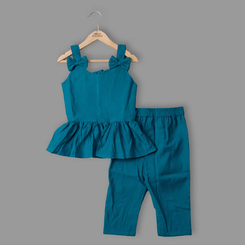 Girls Teal Cotton-Blend Peplum Co-ord Set