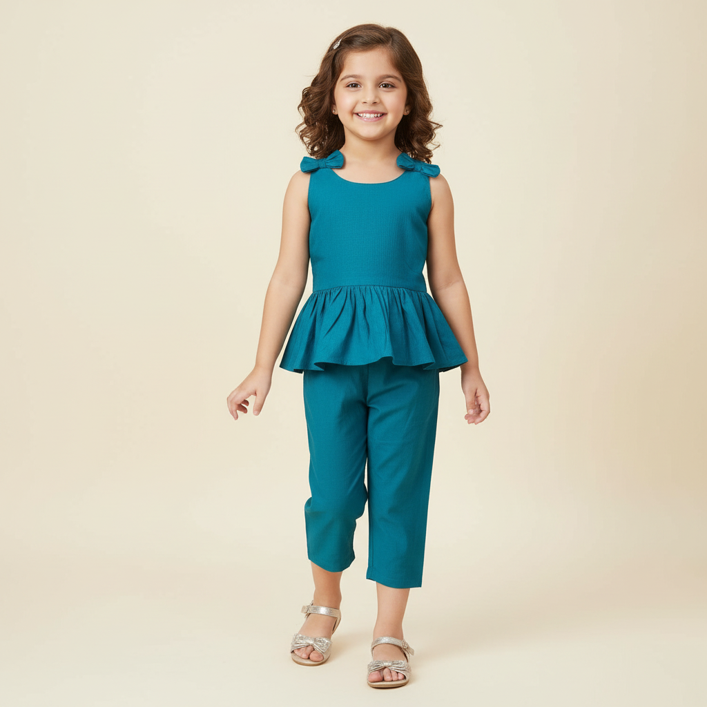 Girls Teal Cotton-Blend Peplum Co-ord Set