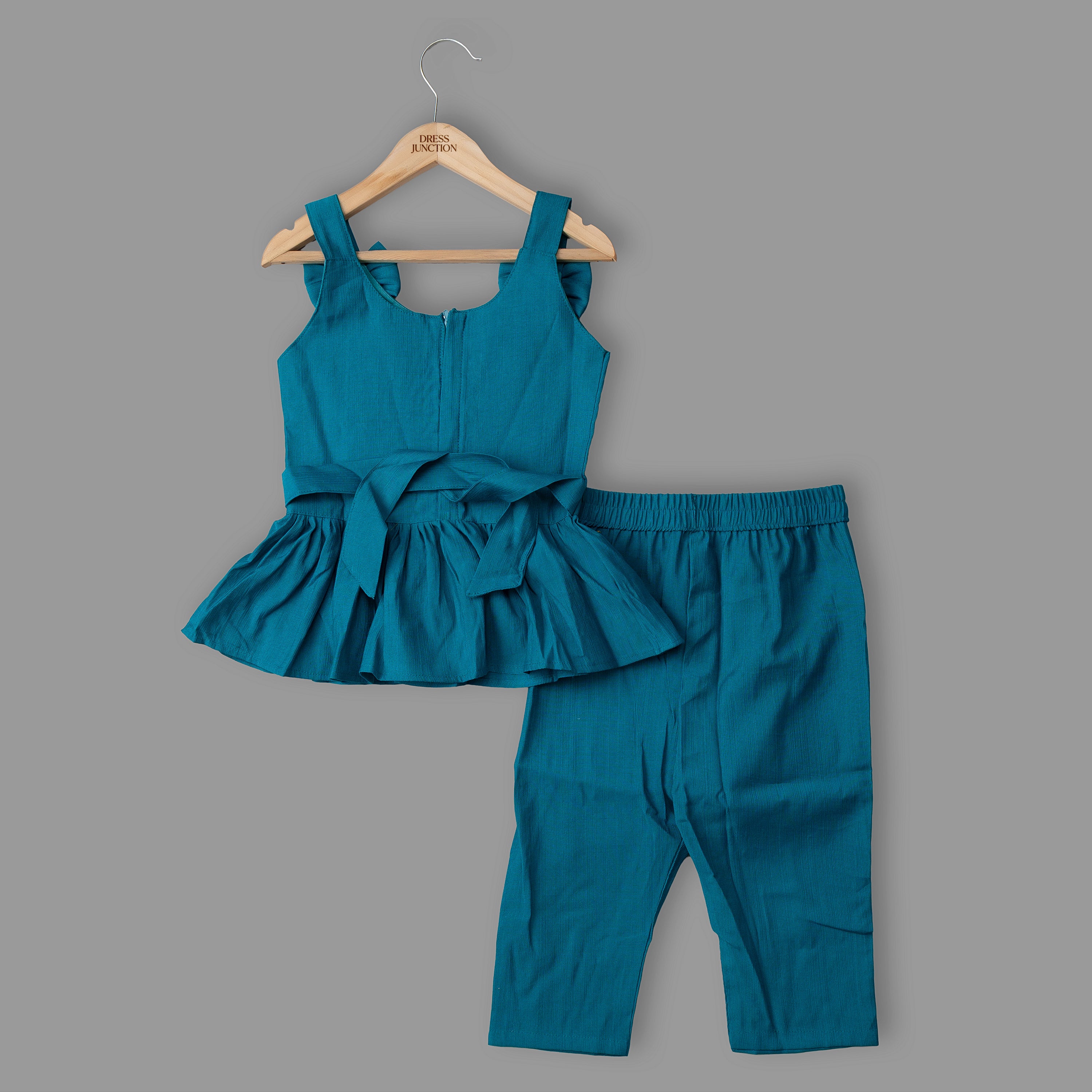 Girls Teal Cotton-Blend Peplum Co-ord Set