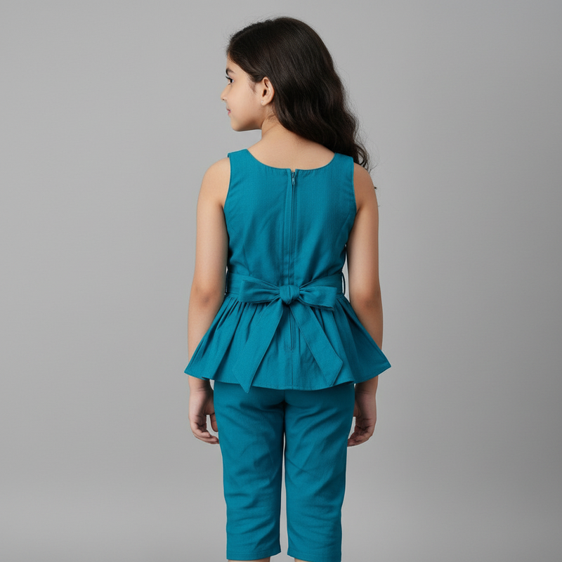 Girls Teal Cotton-Blend Peplum Co-ord Set