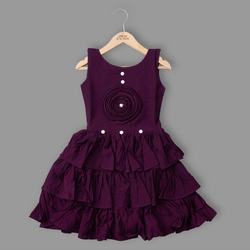 Girls Purple Layered Ruffle Party Dress with Floral Appliqué