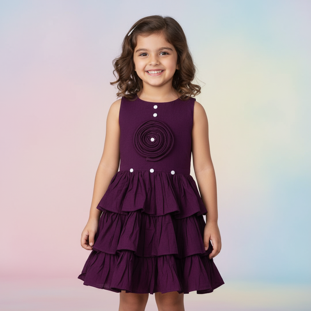 Girls Purple Layered Ruffle Party Dress with Floral Applique