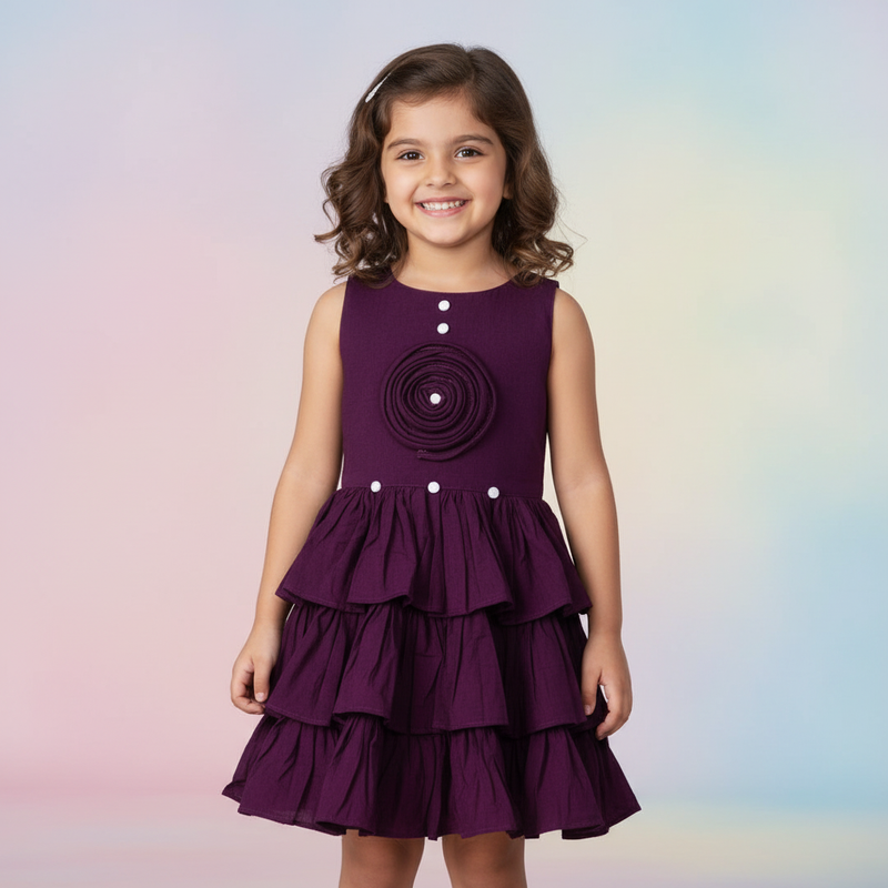 Girls Purple Layered Ruffle Party Dress with Floral Appliqué