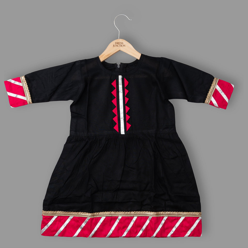 Girls Black & Pink Cotton viscose Trimmed Ethnic Dress