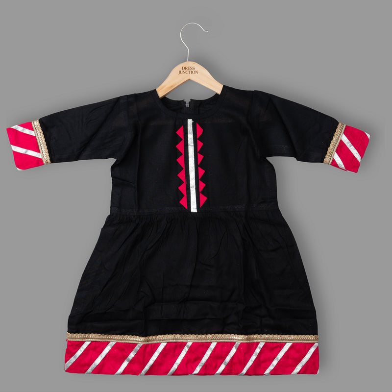 Girls Black & Pink Cotton-Blend Trimmed Ethnic Dress