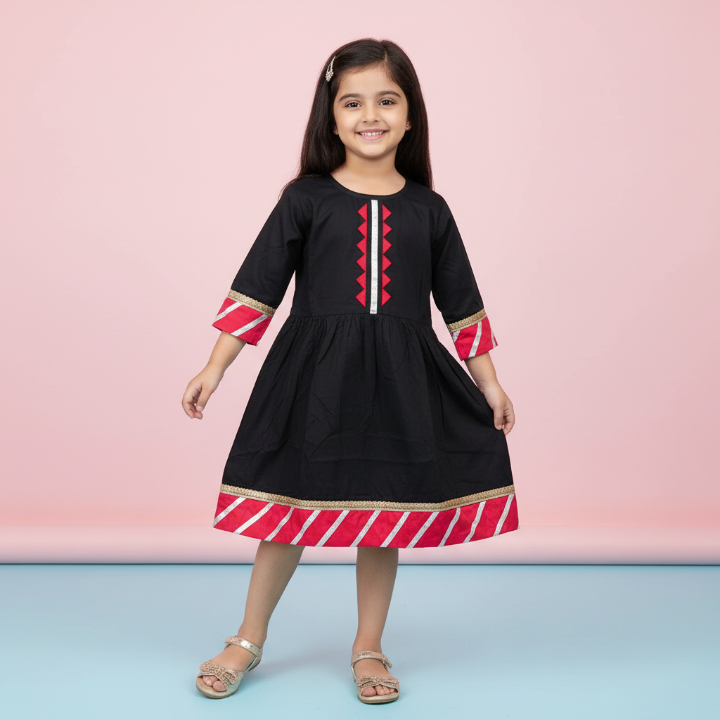 Girls Black & Pink Cotton viscose Trimmed Ethnic Dress
