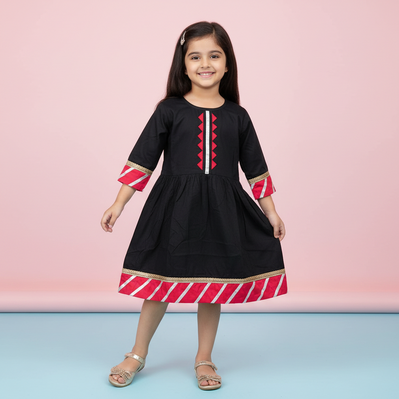 Girls Black & Pink Cotton-Blend Trimmed Ethnic Dress