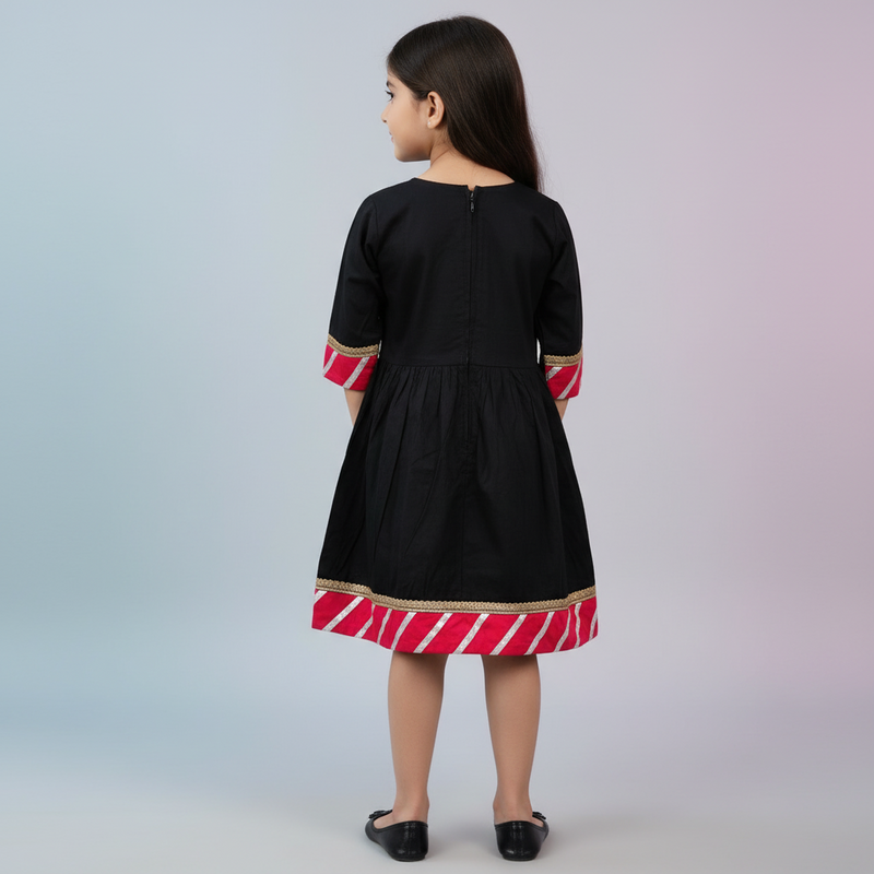 Girls Black & Pink Cotton-Blend Trimmed Ethnic Dress