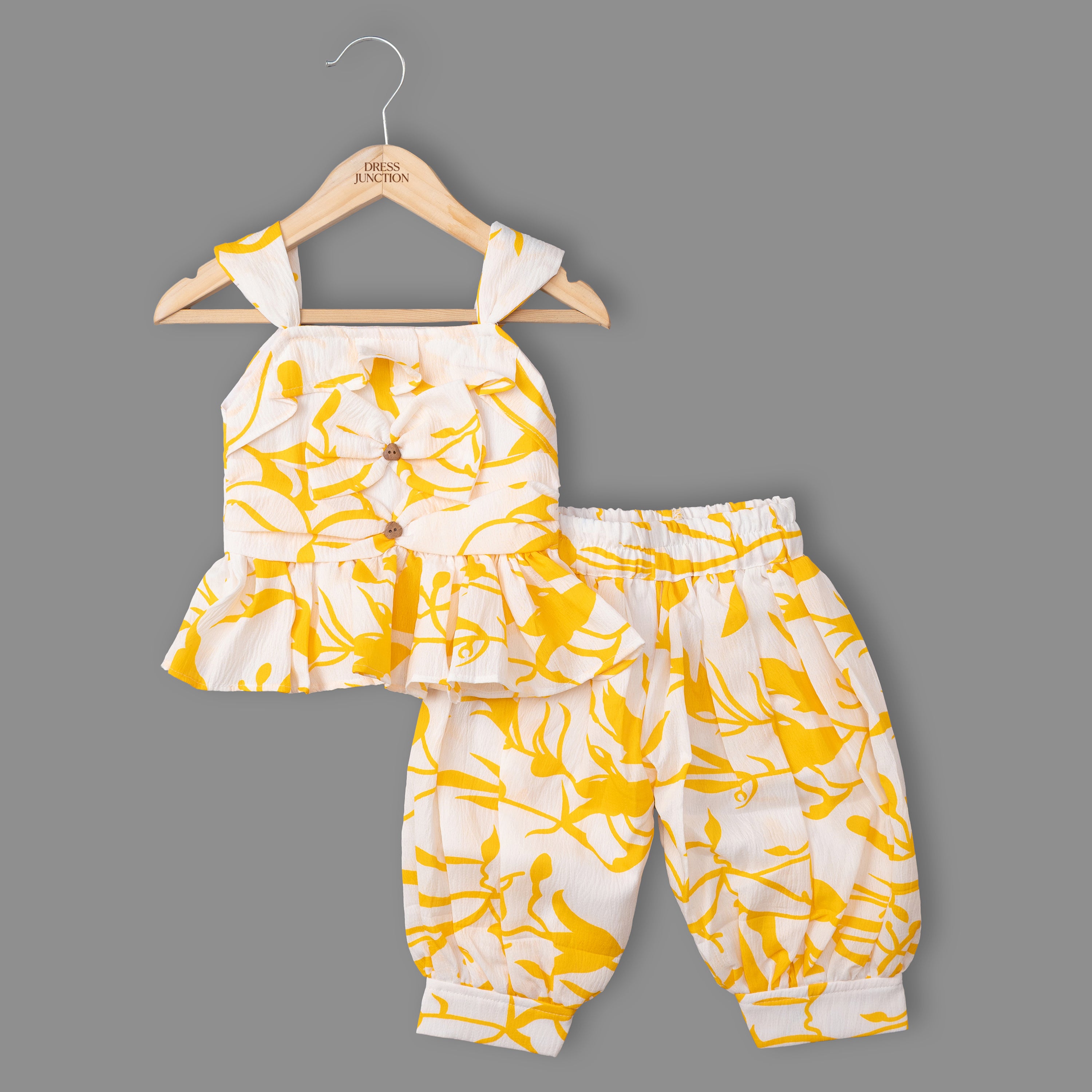 Girls Yellow & White Printed Wrinkled Polyester Peplum Co-ord Set