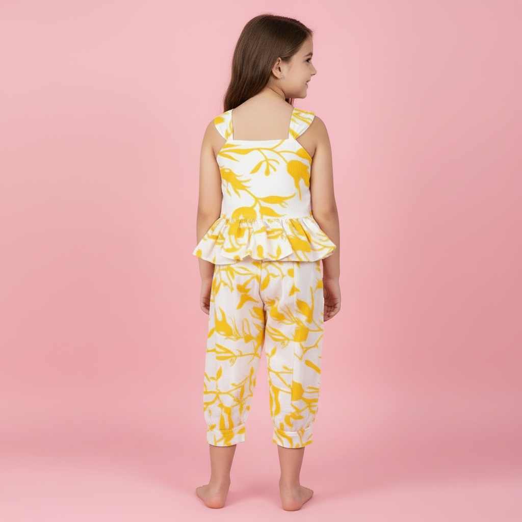 Girls Yellow & White Printed Wrinkled Polyester Peplum Co-ord Set