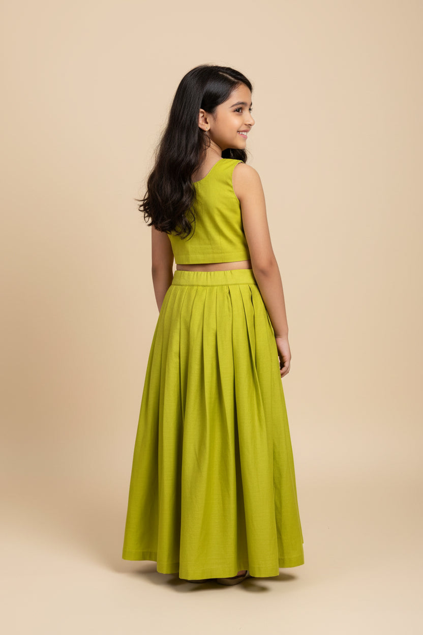 Girls Mustard Cotton Viscose Floral Lehenga Set