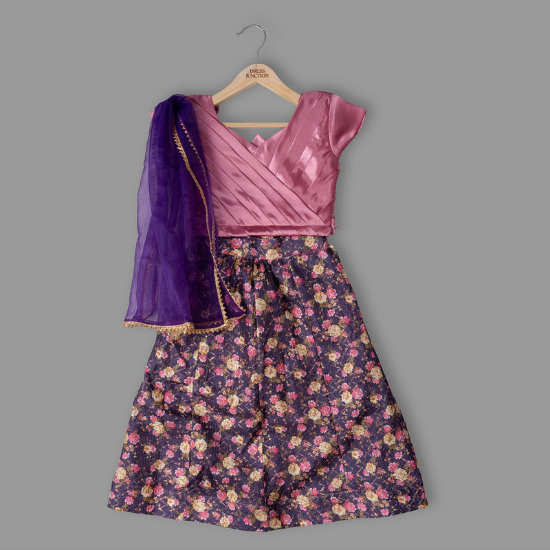 Girls Pink Blouse & Floral Lehenga Set with Purple Dupatta – Festive Partywear