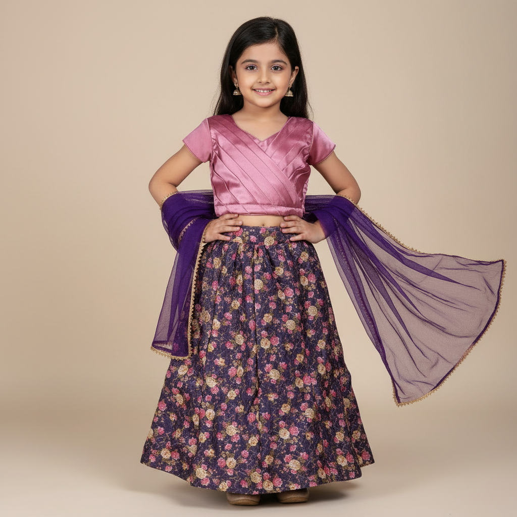 Girls Pink Blouse & Floral Lehenga Set with Purple Dupatta – Festive Partywear