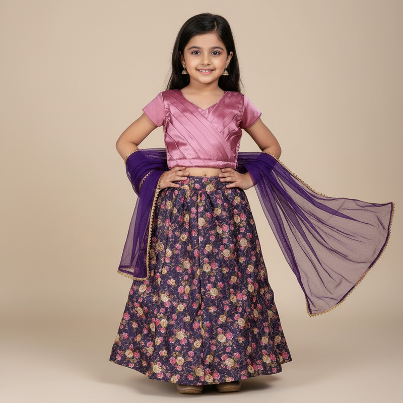 Girls Pink Blouse & Floral Lehenga Set with Purple Dupatta – Festive Partywear