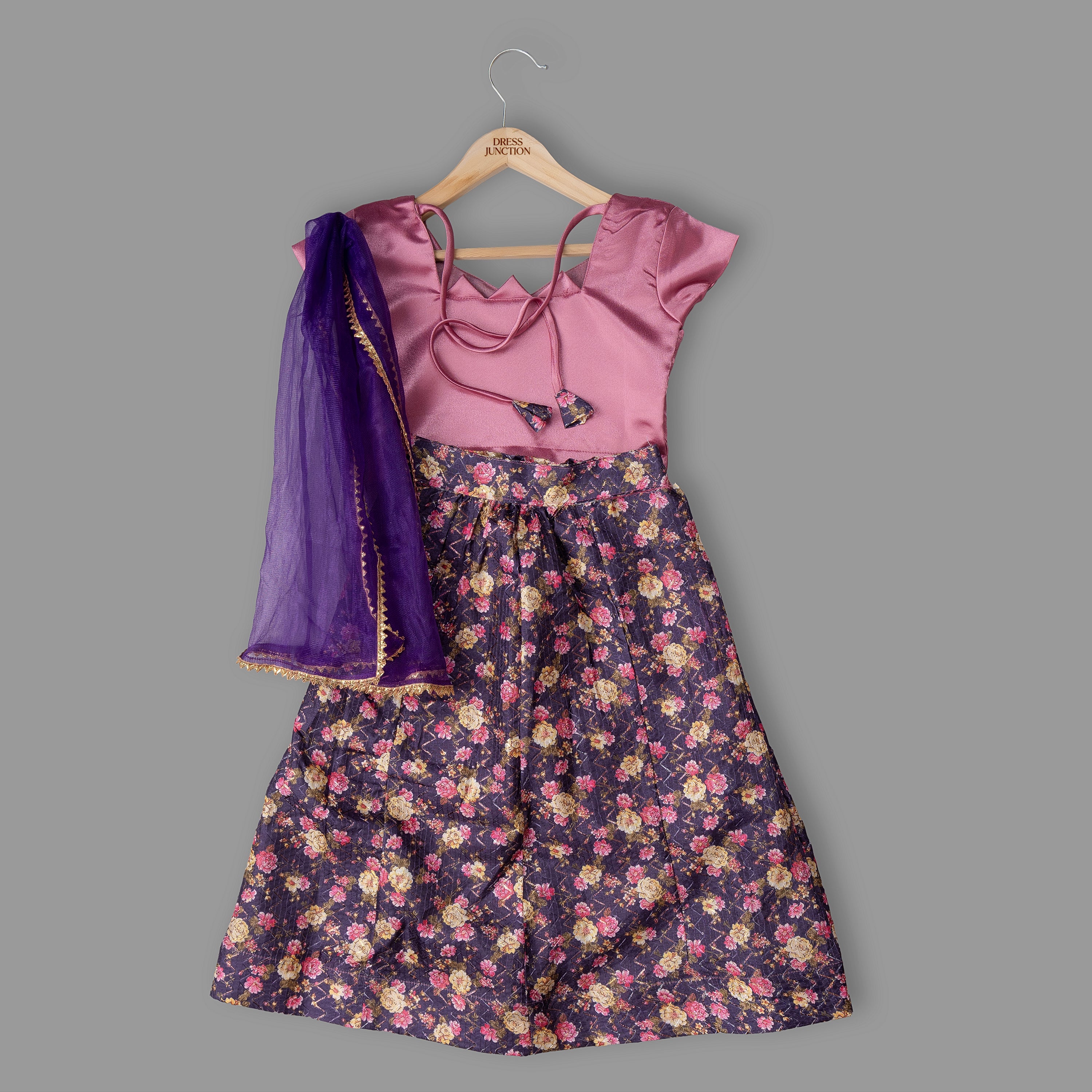 Girls Pink Blouse & Floral Lehenga Set with Purple Dupatta – Festive Partywear