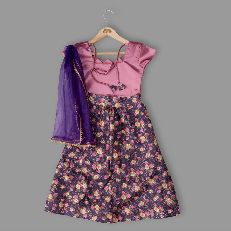 Girls Pink Blouse & Floral Lehenga Set with Purple Dupatta – Festive Partywear