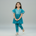 Girls Teal Cotton-Blend Striped Yoke Kurti & Pant Set