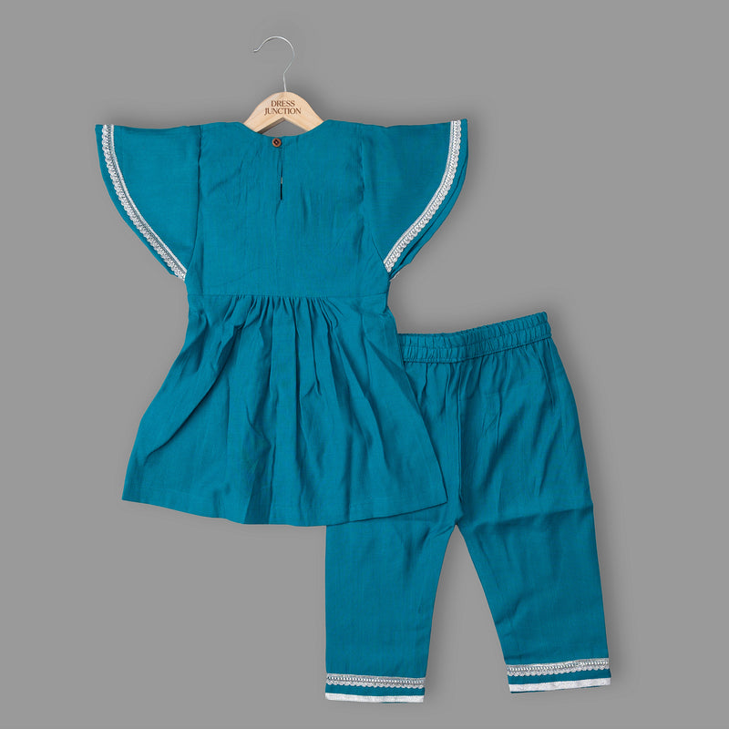 Girls Teal Cotton-Blend Striped Yoke Kurti & Pant Set