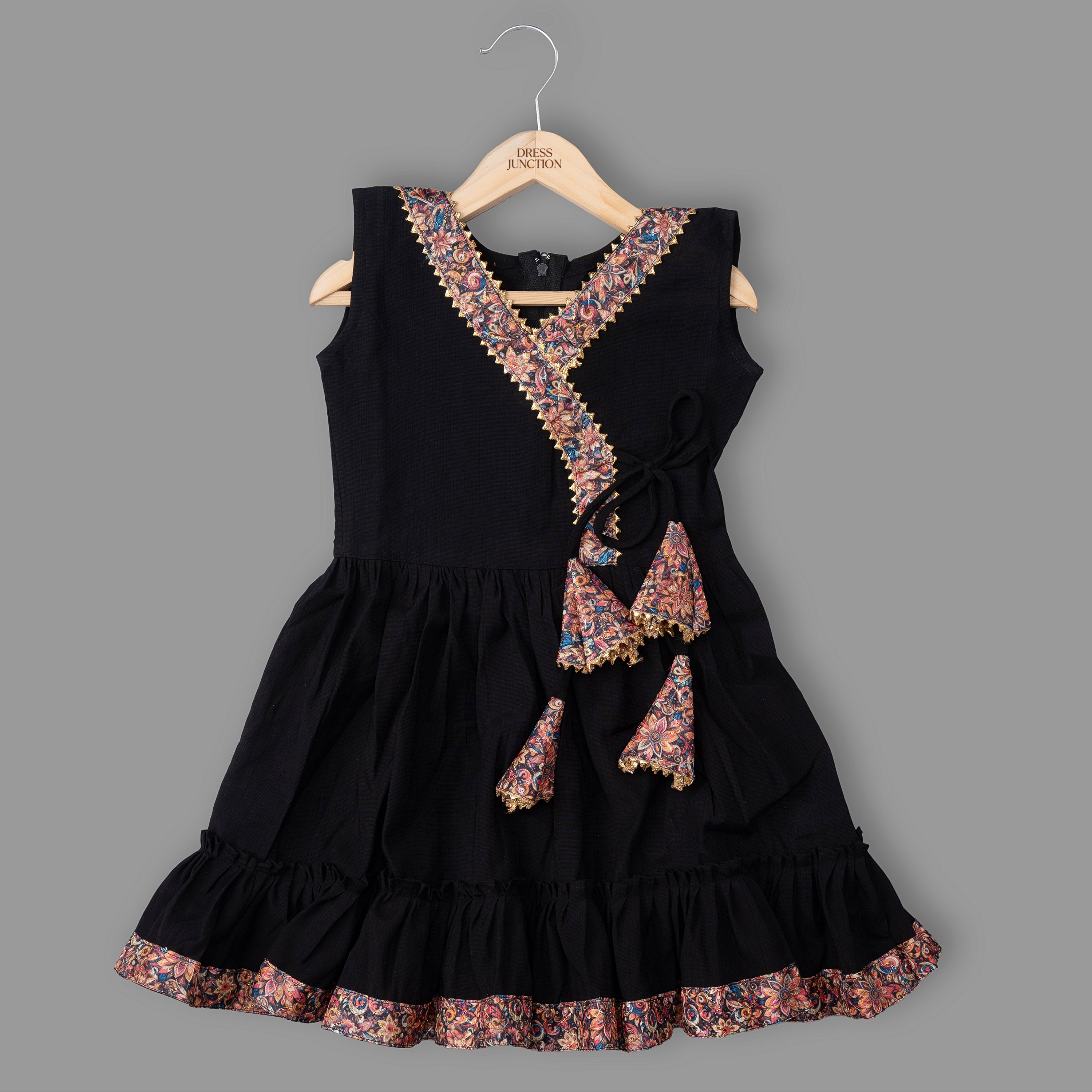 Girls Black Cotton viscose Border Work Wrap Dress