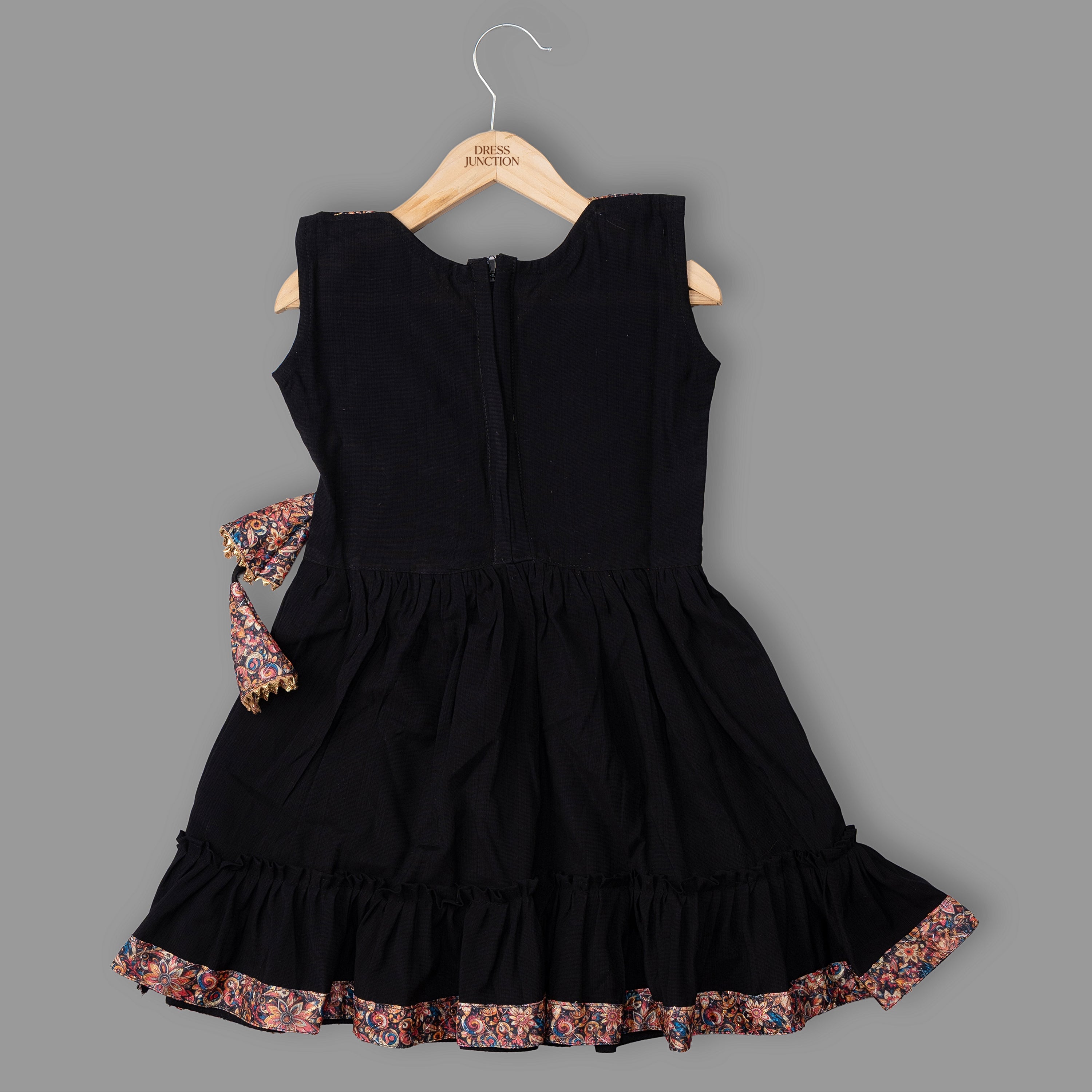 Girls Black Cotton viscose Border Work Wrap Dress