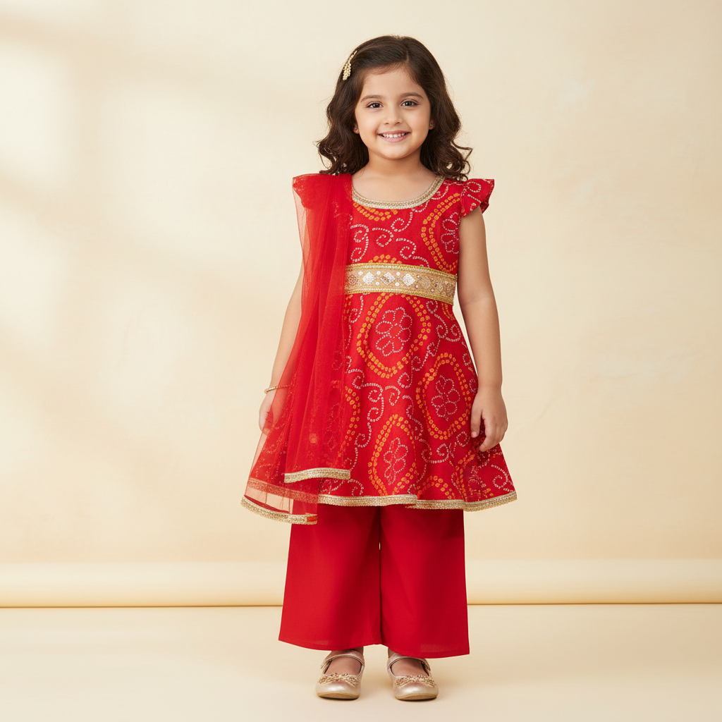 Girls Red Bandhani-Print Ethnic Co-ord Set