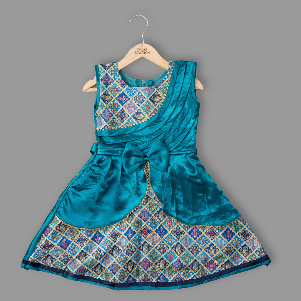 Girls Teal Satin & Brocade Overlay Dress