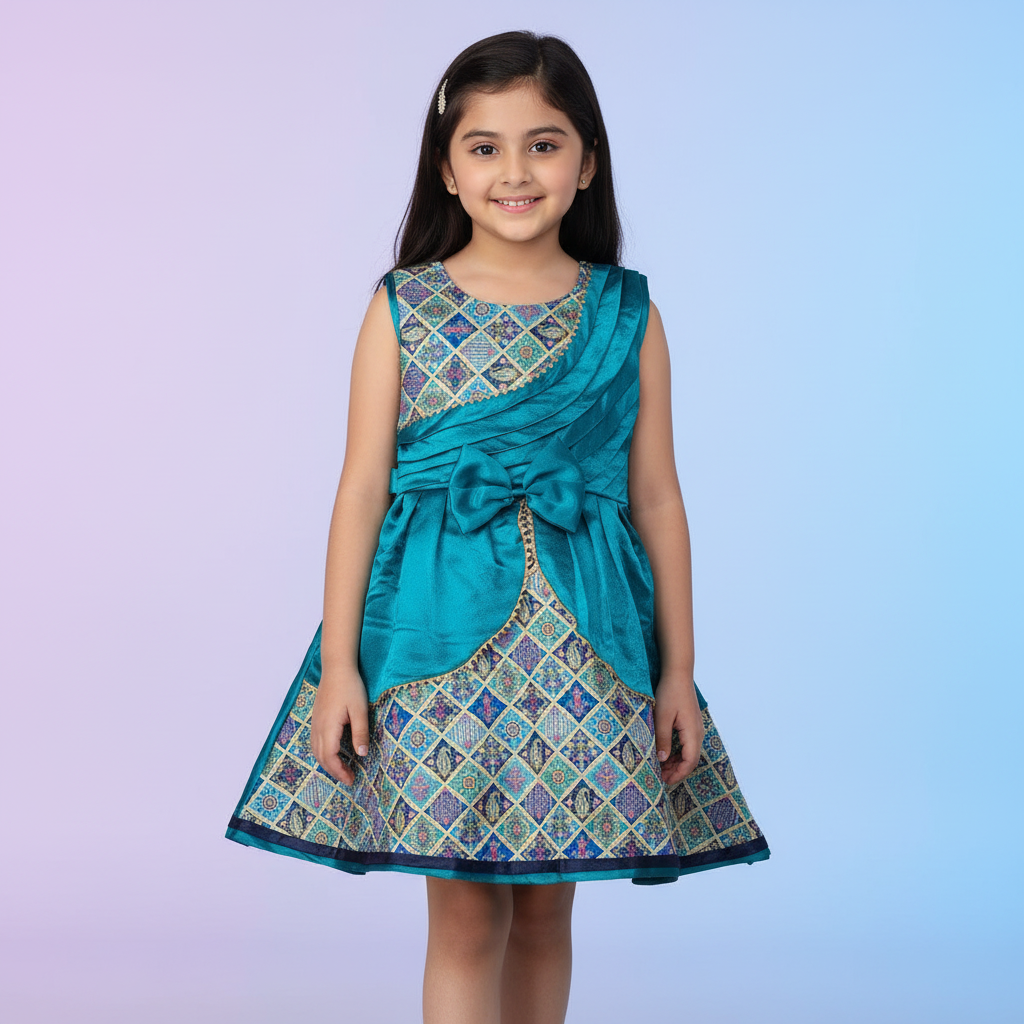 Girls Teal Satin & Brocade Overlay Dress
