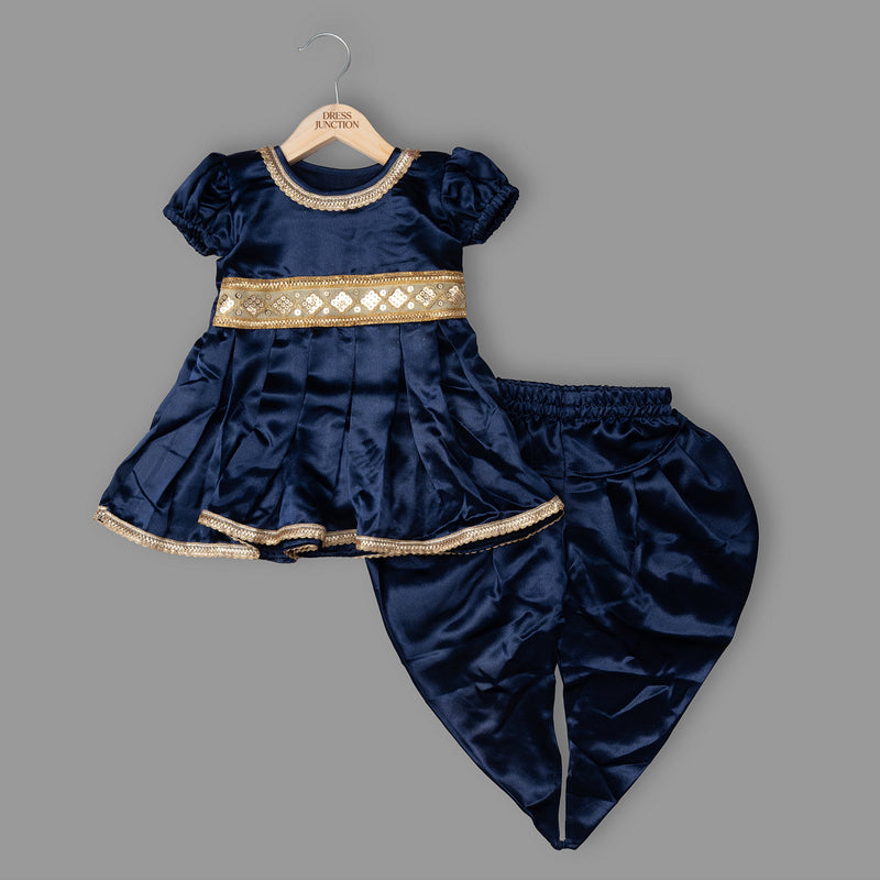 Girls Navy Blue Satin Top & Dhoti Pant Set