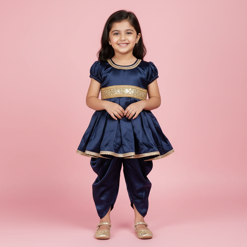 Girls Navy Blue Satin Top & Dhoti Pant Set