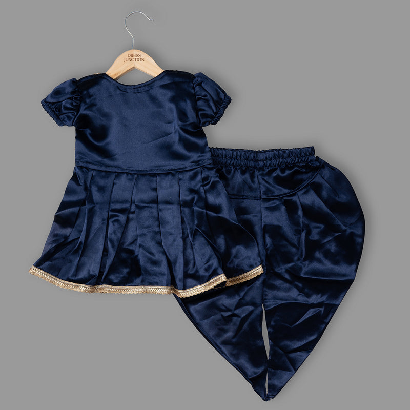 Girls Navy Blue Satin Top & Dhoti Pant Set