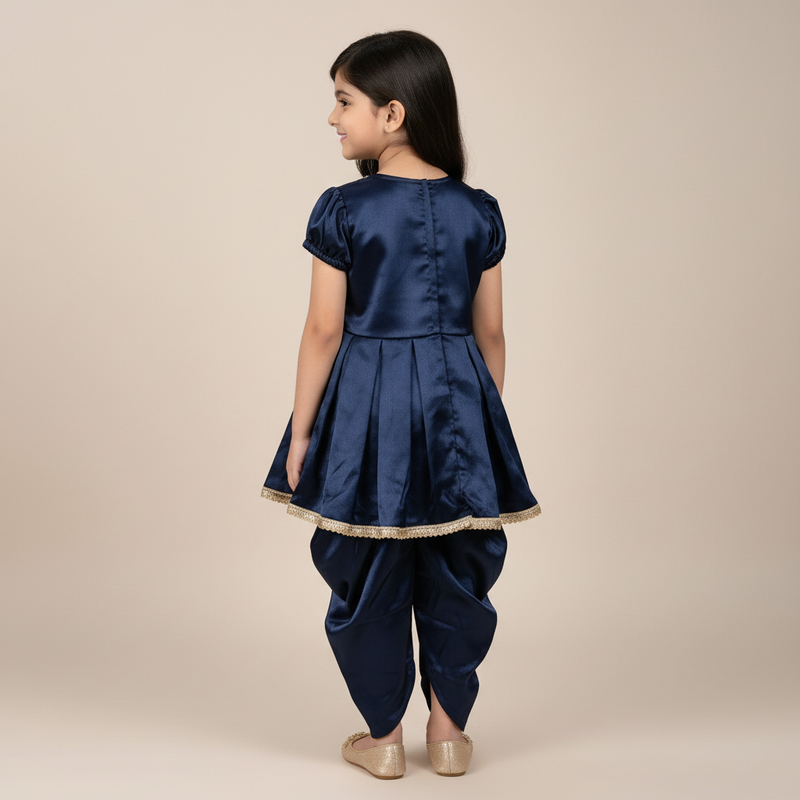 Girls Navy Blue Satin Top & Dhoti Pant Set