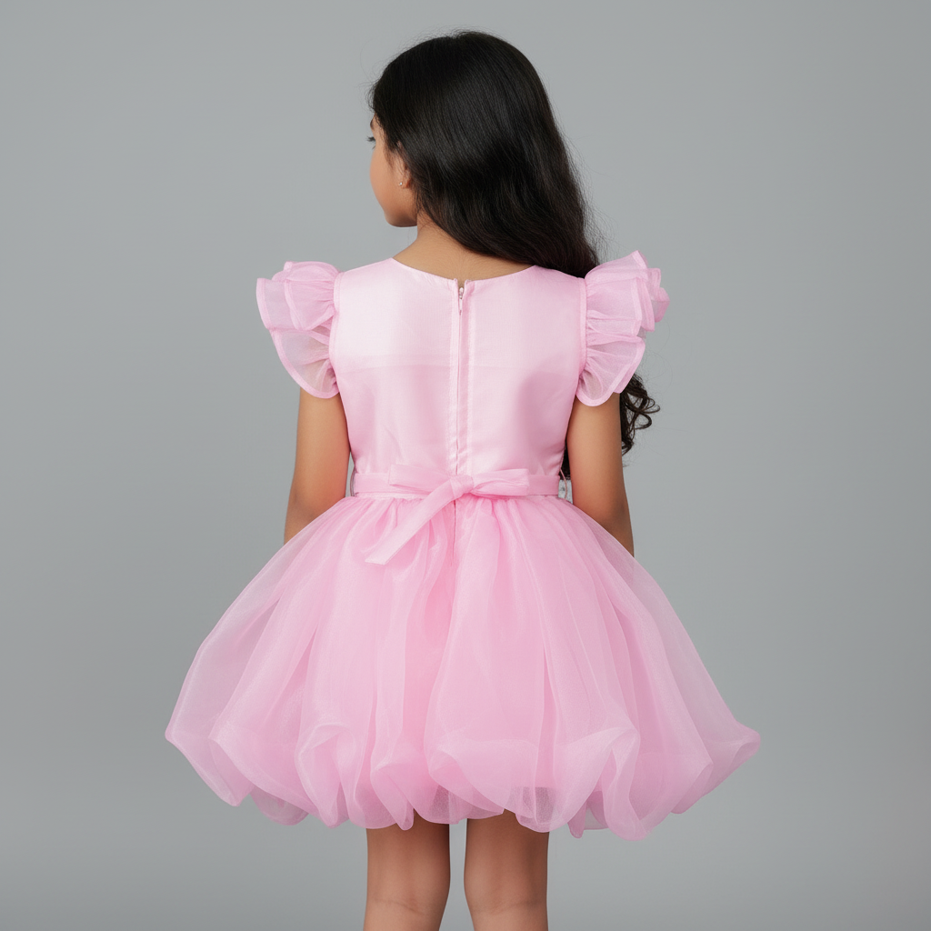 Girls Pink Soft Net Ruffle Party Dress