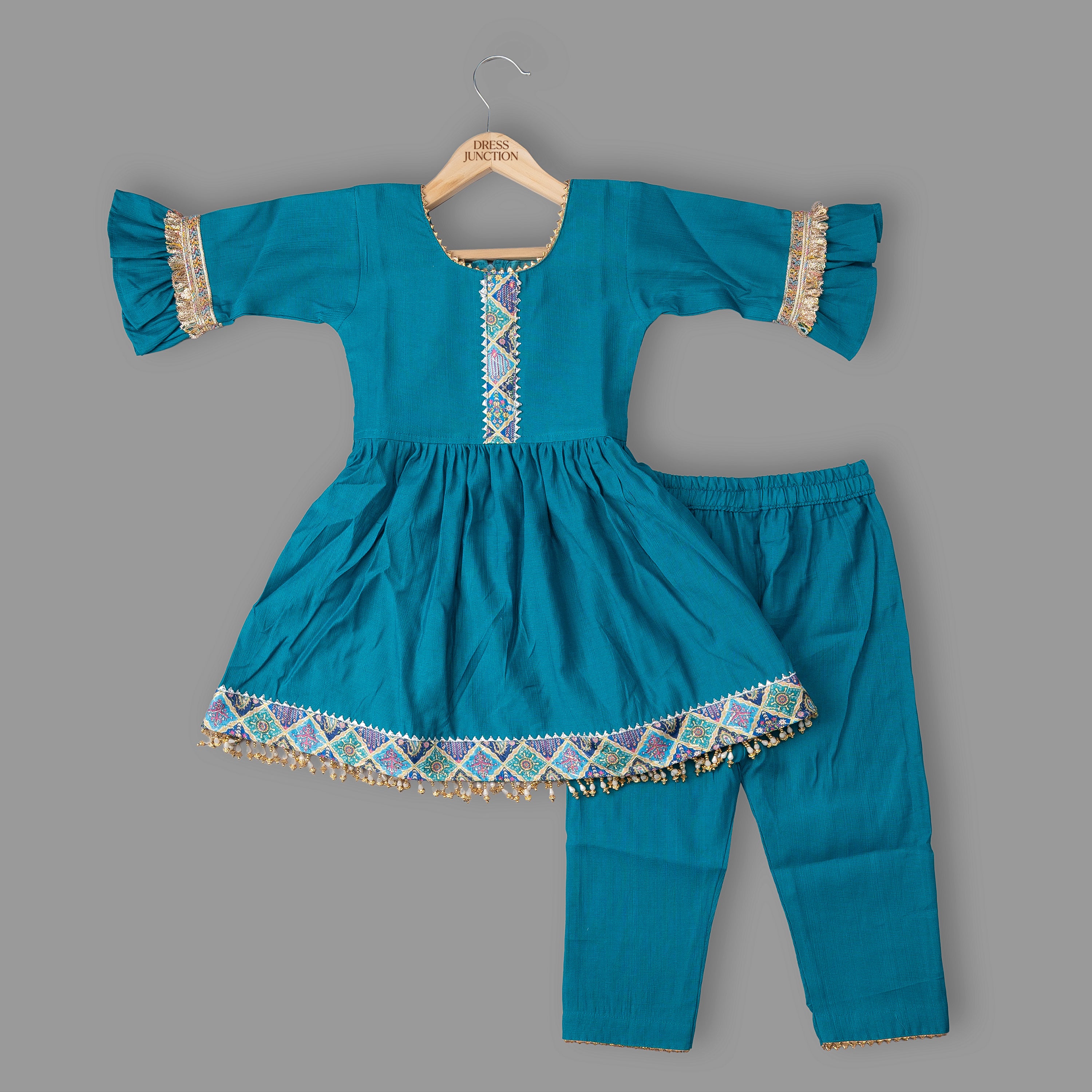 Girls Teal Cotton-viscose Embroidered Kurti & Pant Set