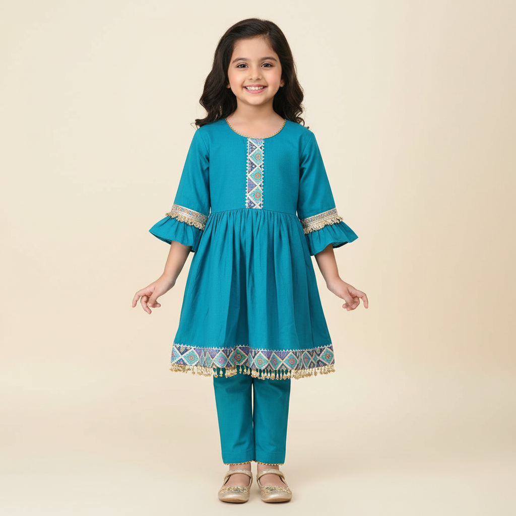 Teal children's outfit with decorative patterns on a gray background