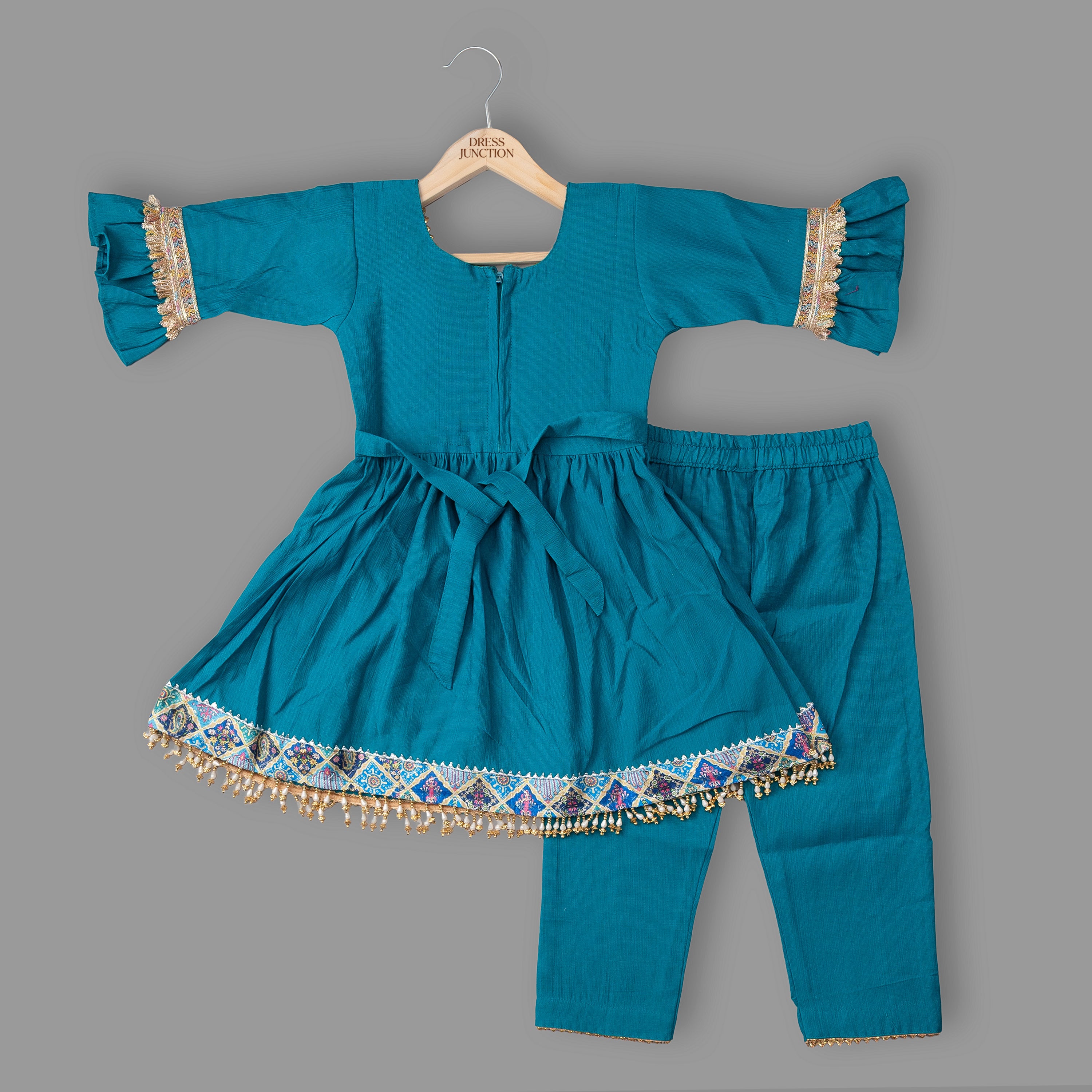 Girls Teal Cotton-viscose Embroidered Kurti & Pant Set