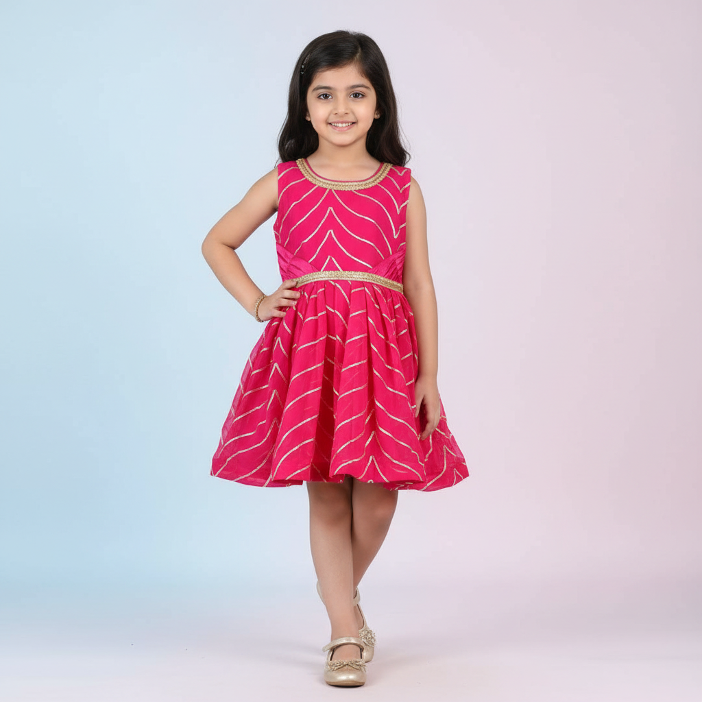 Pink dress with white patterns on a hanger against a gray background