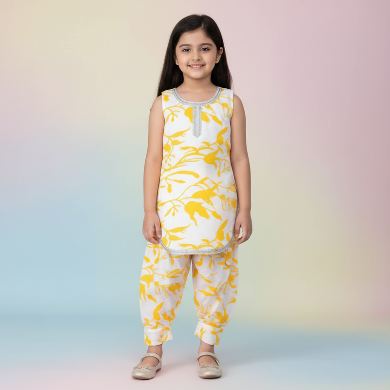 Girls Yellow & White Printed Sleeveless Kurta and Pants Set – Soft Summer Ethnic Wear