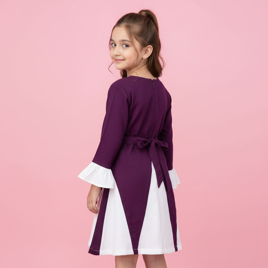 Girls Purple & White Cotton-Blend Ruffle Panel Dress